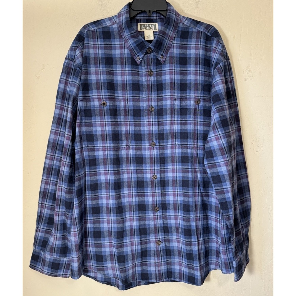 Duluth Trading Co Flannel Shirt Men XLarge XL Button Up Pockets Plaid Blue